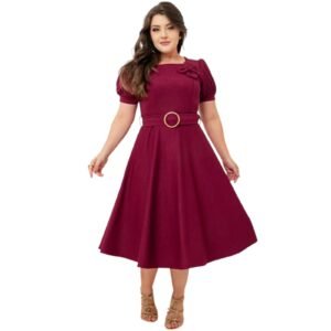 Vestido Moda Evangélica Manga Plissada Detalhe Flor Cinto