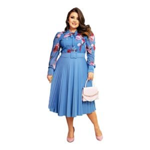 Vestido Moda Evangélica Plissado Tule Laço Com Cinto Carina Manga Longa