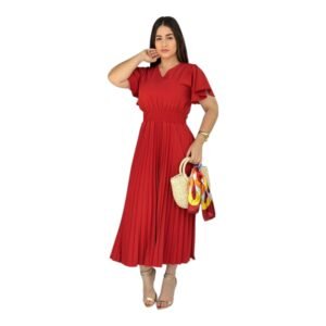 Vestido Moda Evangélica Mídi Plissado Crepinho Lastex Gola V
