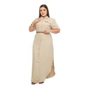 Vestido Moda Evangélica Max Mídi Botões Cinto Bolso Chamise