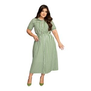 Vestido Moda Evangélica Mídi Listrado Botões Bolso Elegante