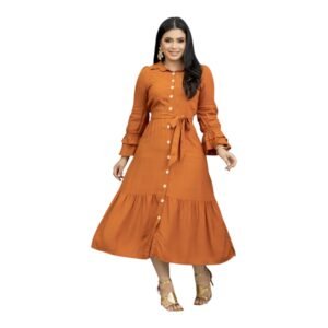 Vestido Moda Evangélica Manga Longa Mídi Botões Faixa Laço