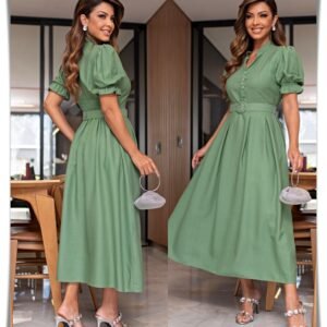 Vestido Moda Evangélica Midi Lastex Botões Funcionais Cinto
