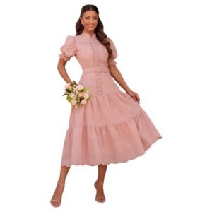 Vestido Moda Evangélica Saia Mídi Camadas Botões Cinto Zíper