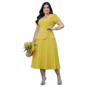 Vestido Moda Evangélica Detalhe Flor Babado Saia Plissada
