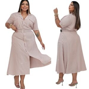 Vestido Moda Evangélica Plus Size Listras Botões Faixa Laço