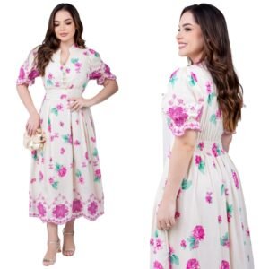 Vestido Moda Evangélica Saia Mídi Detalhe Bordado Floral