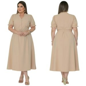 Vestido Moda Evangélica Plus Size Alfaiataria Midi Com Cinto