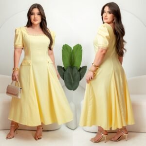 Vestido Moda Evangélica Mídi Godê Detalhe Gola Guipir Bolso