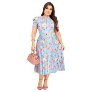 Vestido Moda Evangélica Saia Plissada Mídi Pérolas Floral