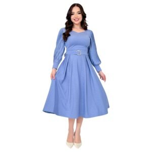 Vestido Moda Evangélica Saia Mídi Manga Longa Plissada Cinto