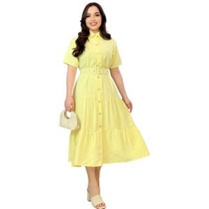 Vestido Midi Sensorial Feminino Cinto Fivela Saia Elegante