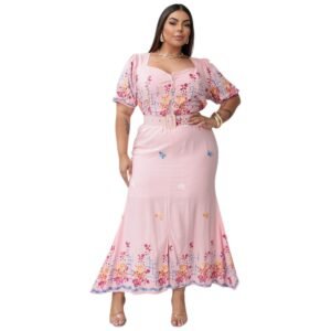 Vestido Plus Size Longuete Viscolinho Bordado Saia Forrada