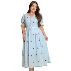 Vestido Feminino Linho Bordado Elegante com Cinto