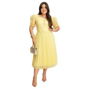 Vestido Moda Evangélica Mídi Plissada Cinto Detalhes Pérolas