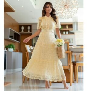 Vestido Evangélico Saia Camadas Renda Forrada Botões Cinto
