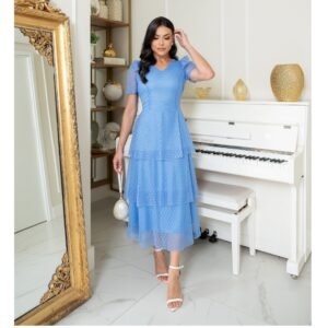 Vestido Moda Evangélica Mídi Camadas Tule Forrado Lastex