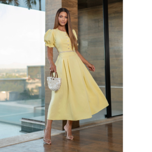 Vestido Moda Modesta Mídi Pregas Sensoriale Botões Lastex