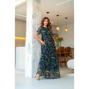 Vestido Moda Modesta Longo Floral Tule Manga Curta e Forro