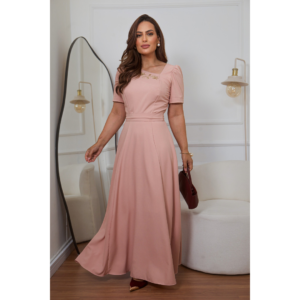 Vestido Moda Modesta Longo Manga Curta Faixa