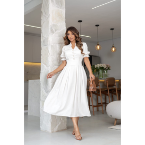 Vestido Moda Modesta Saia Midi Linho Premium Manga Bufante