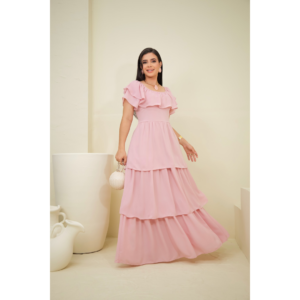 Vestido Moda Modesta Longo Chiffon Seda Babados Saia Camadas